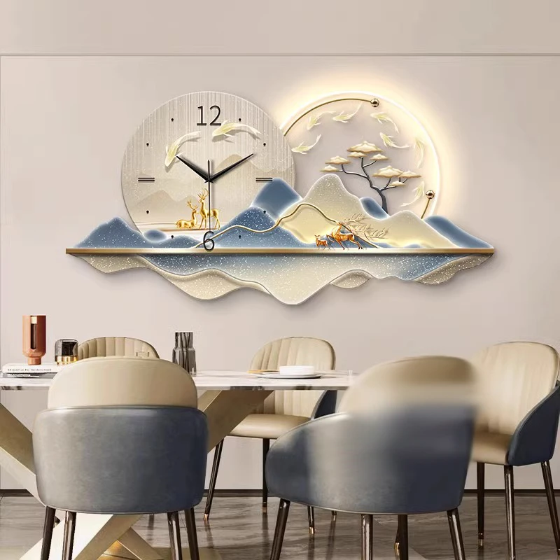 轻奢餐厅装饰画带钟表大气山水客厅钟表壁画高级感饭厅背景墙挂画