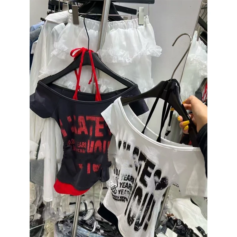 【MAEP】新款拼接假两件套挂脖吊带短袖t恤女藏青色夏季修身上衣