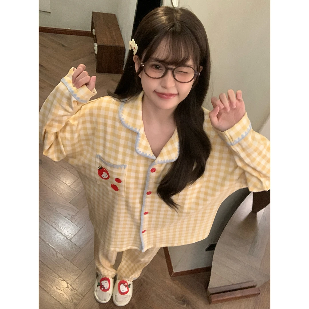 奶黄格子睡衣女春秋款可爱简约风高级感长袖长裤冬季可外穿家居服