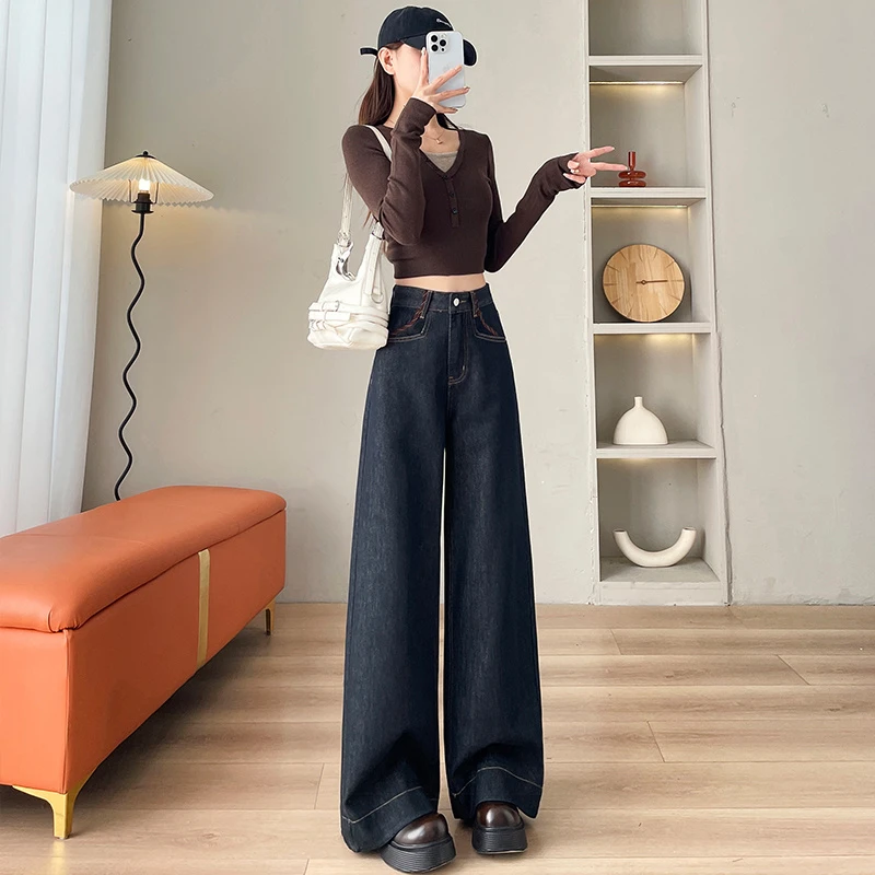 加绒丹宁蓝深蓝色不易褪色直筒牛仔裤女2024年冬款阔腿长裤子