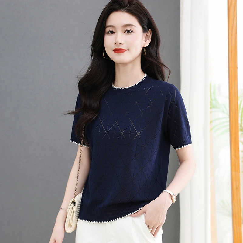 2025夏季高级感拼色气质妈妈短袖上衣女大码镂空薄款针织显瘦T恤