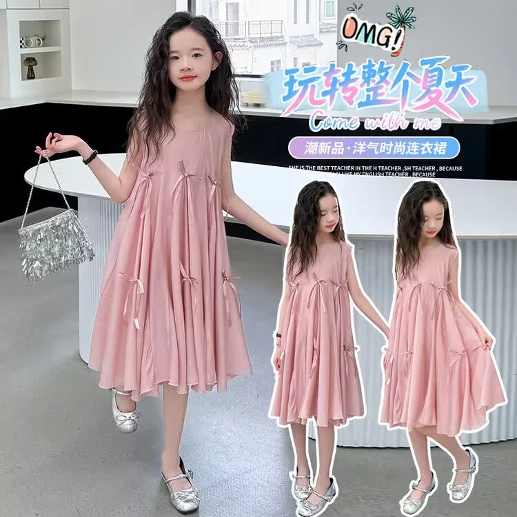 女童连衣裙2025年夏季新款儿童蝴蝶结背心裙中大童甜美夏装公主裙