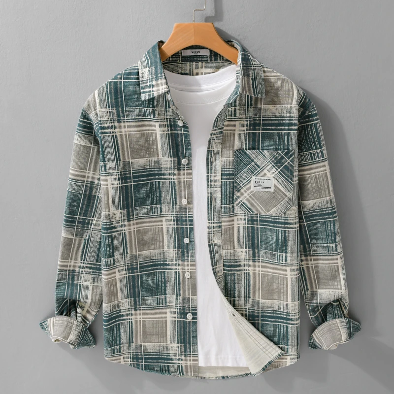 春秋日系简约格子工装男装长袖衬衫休闲宽松男士复古青年男士衬衣