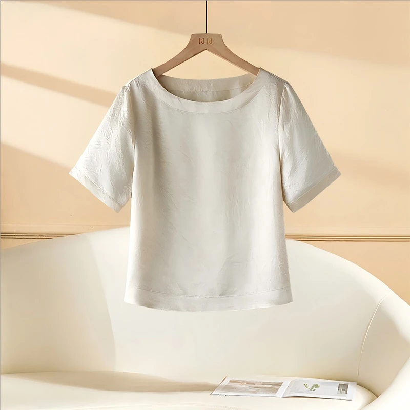 休闲百搭通勤正肩缎面短袖t恤女2025年夏季新款宽松显瘦体恤上衣