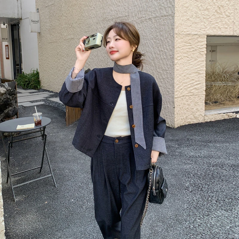 格子飘带套装裤女2025早春新款复古港风氛围感韩系穿搭时髦两件套