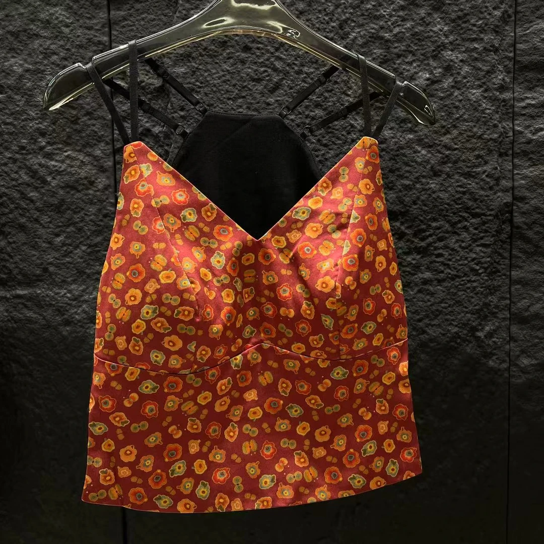 Mozch  时尚洋气暗纹提花小碎花一体杯时髦吊带背心美背A966