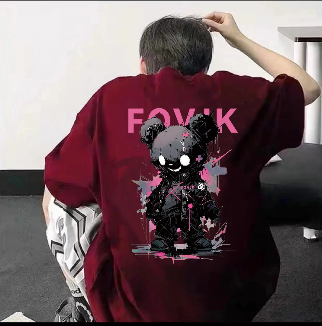 100%纯棉国潮美式暴力黑熊印花重磅短袖T恤夏季高街男女上衣男女i