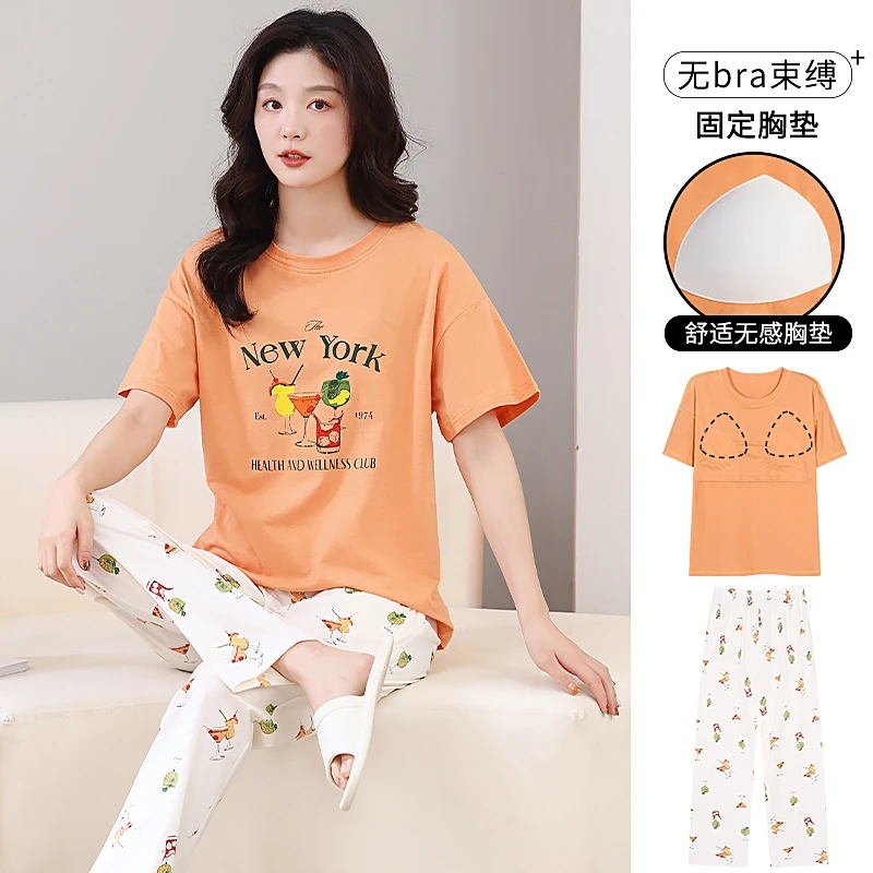 睡衣女带胸垫夏季100%棉短袖长裤套装新款甜美夏天圆领可外穿睡衣