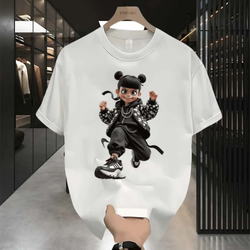 新款夏季国潮哪吒印花潮流潮牌男款痞帅圆领半袖上衣纯棉短袖T恤