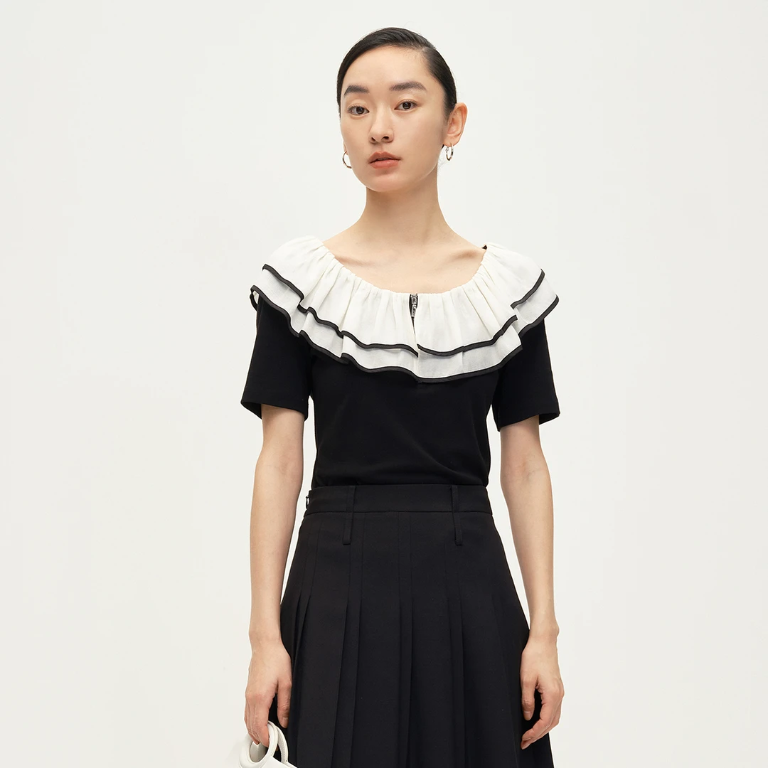 【达人专属】夏季新款T恤女时尚一字肩荷叶边设计G566602