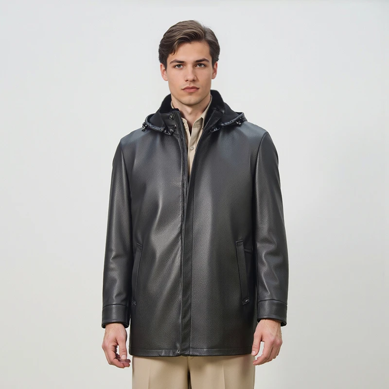 89806 中长款鹿皮男装外套水貂内胆连帽款男士冬款加厚保暖外套