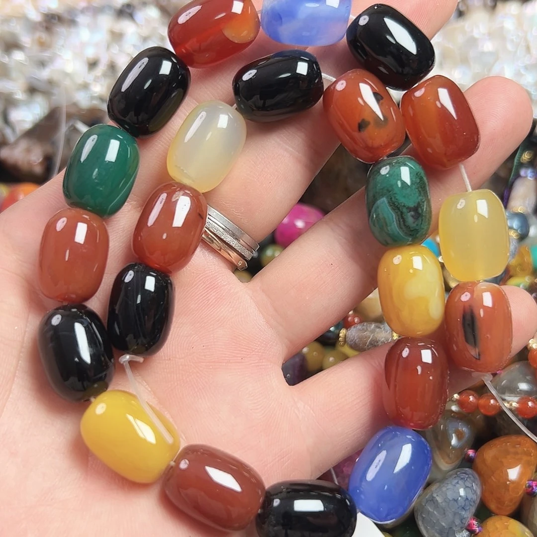 玛瑙/玉髓合金珠宝半成品A632，七彩玛瑙桶珠一条13*18mm