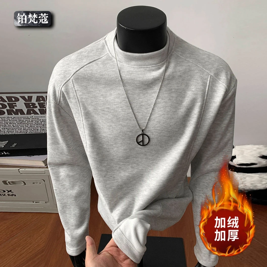 铂梵蔻美式痞帅休闲加绒解构百搭长袖秋冬新款男士德绒打底衫宽松