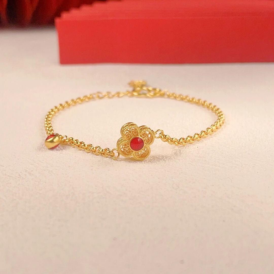 TSL/谢瑞麟计价黄金花丝小花珐琅手链足金国风时尚可调节手链