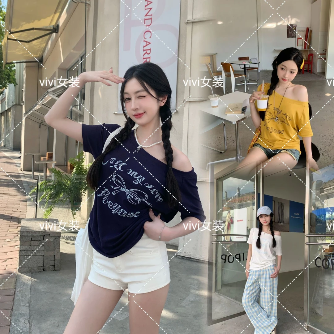 夏季美式复古蝴蝶结印花一字领辣妹露肩穿搭斜肩短袖T恤宽松上衣