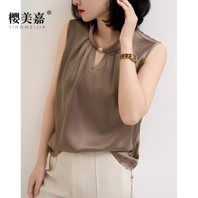 樱美嘉优雅设计感真丝背心女夏纯色外穿打底小衫无袖桑蚕丝上衣Z