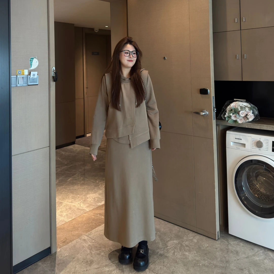 盈盈&南岛风大码女装真两件百搭卫衣春秋胖mm显瘦宽松套装ZYY1402