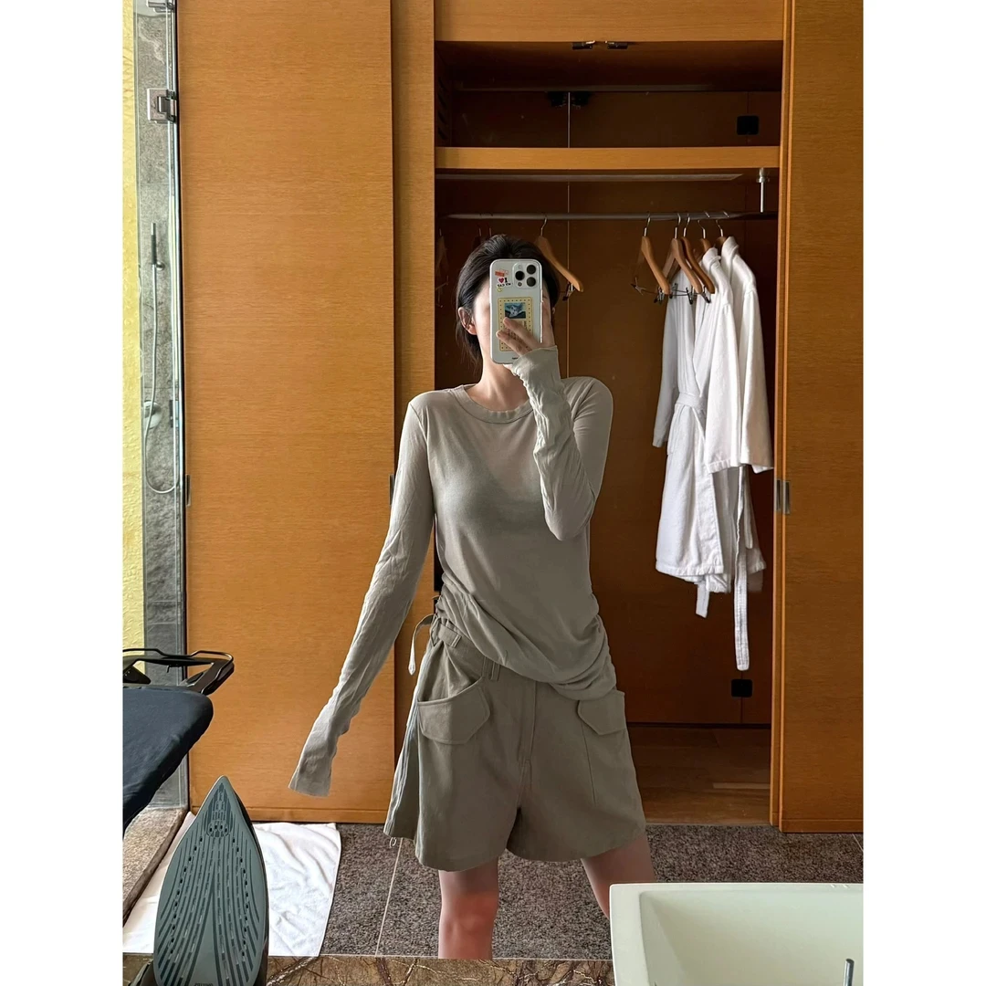 PEACHZHOU』散边微宽松随性微透长袖极简休闲纯色松驰打底内搭T恤