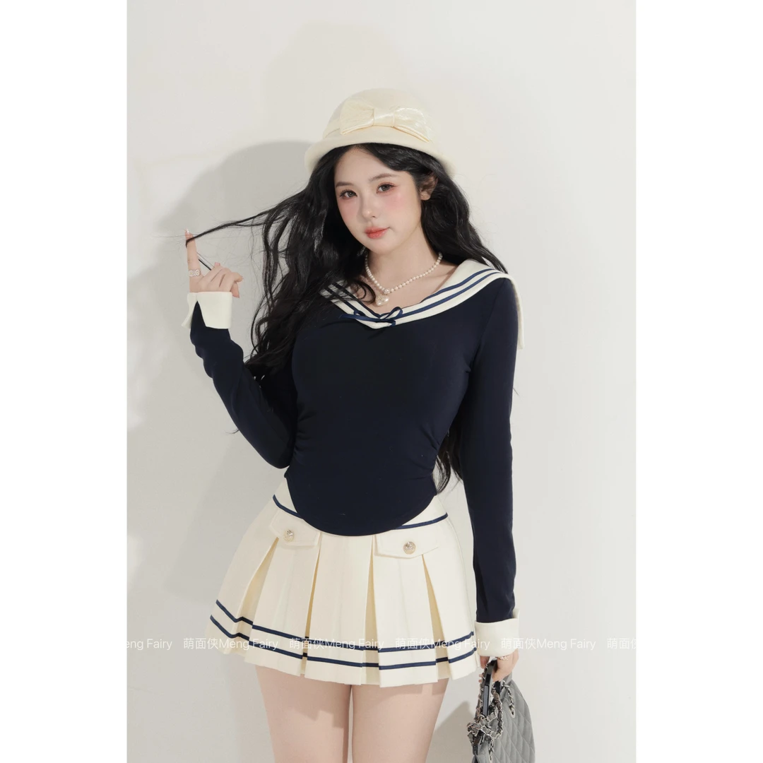 萌面侠【海系甜搭】韩系海军领磨毛羊绒上衣百搭呢子半身裙70827083