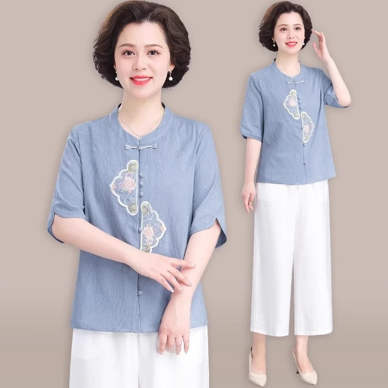 妈妈夏2025新款女装新中式夏装T恤上衣套装中老年人夏季衣服