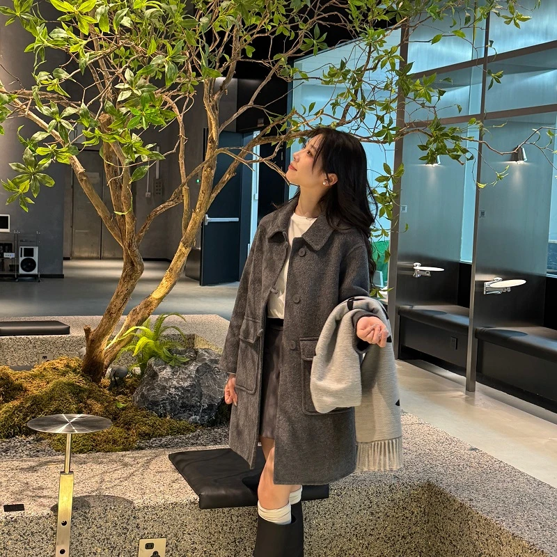 2025秋冬新款气质小个子宽松中长款时尚娃娃领显高双面大衣19114