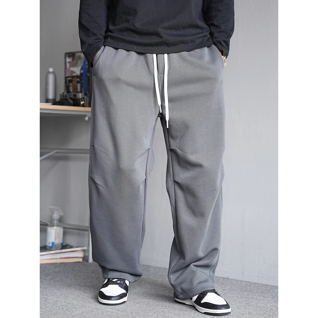 秋季美式休闲痞帅重磅深灰色针织卫裤男直筒宽松抽绳百搭阔腿长裤