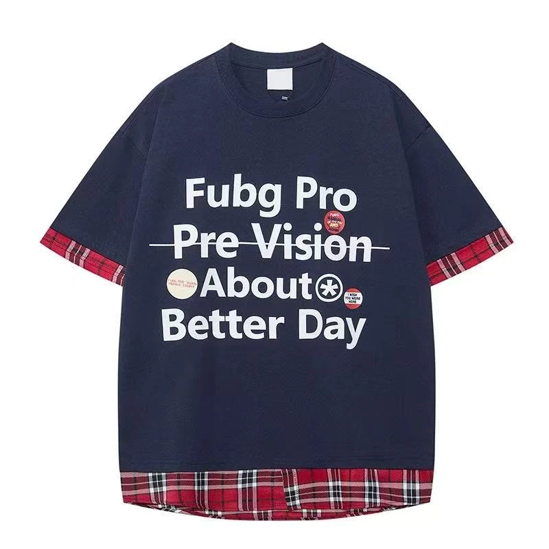 D7-4两色“划线字母”格纹边短袖