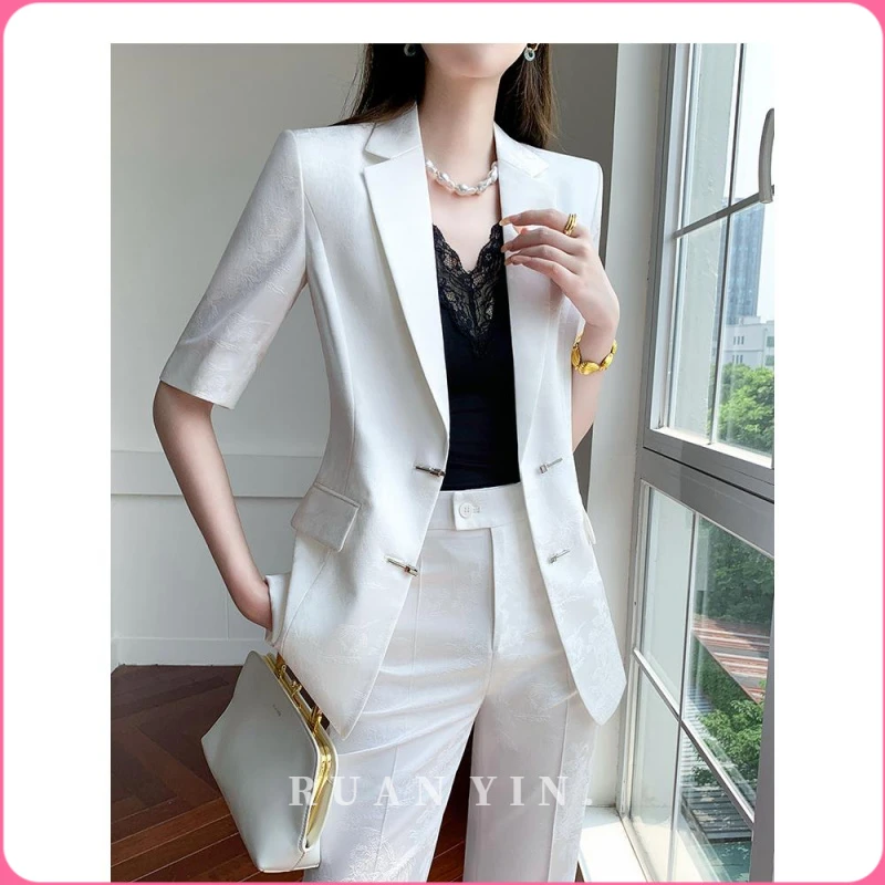 RUAN YIN白色提花短袖西装微喇裤套装女2025夏季新款气质高级职业