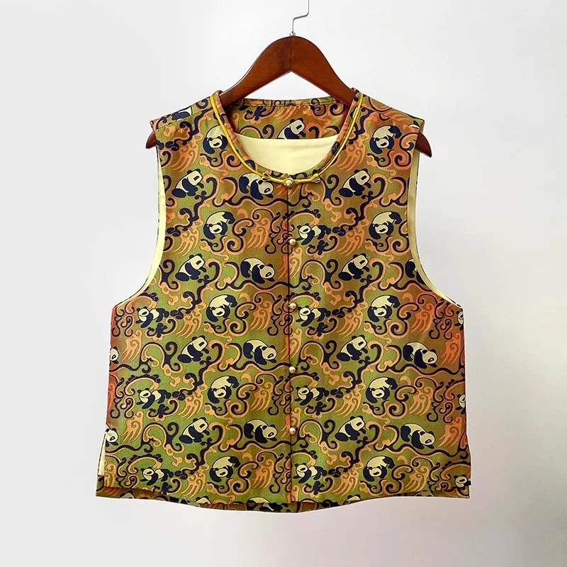 蜀锦小熊猫非遗新中式国风复古气质圆领斜襟桑蚕丝马甲