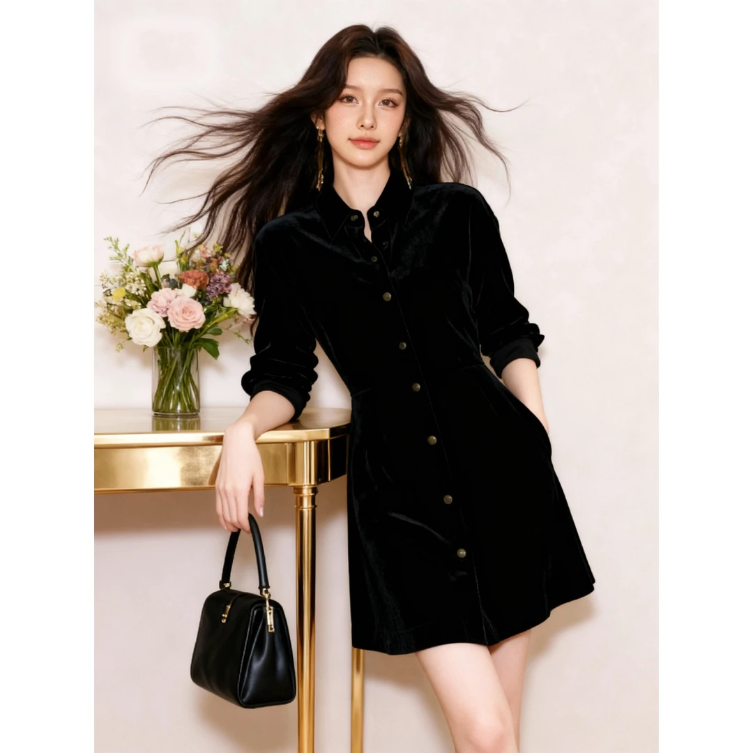 巨好看的冬装宴会连衣裙重要场合漂亮黑色丝绒衬衫裙子女修身显瘦