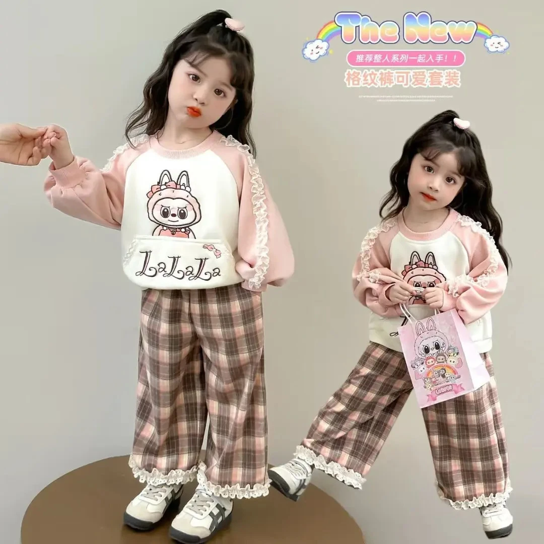 女童套装2025新款春秋款儿童洋气时髦卡通卫衣休闲格子裤子两件套