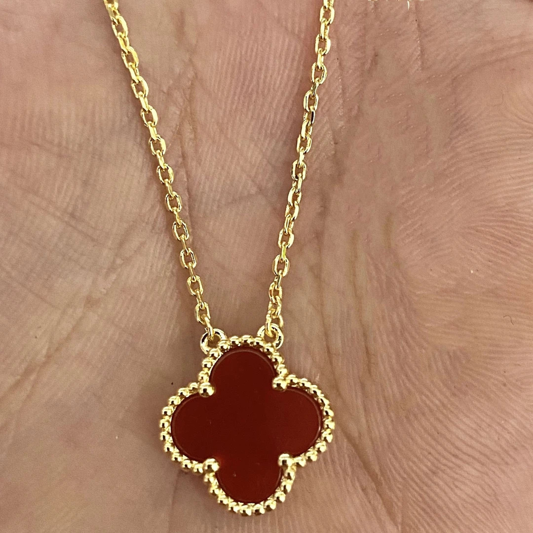 坠链均925银 红四叶草银项链双面红色