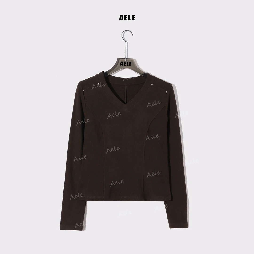 AELE简约磨毛V领套头纯色百搭修身长袖打底衫T恤 T855 3862 AD