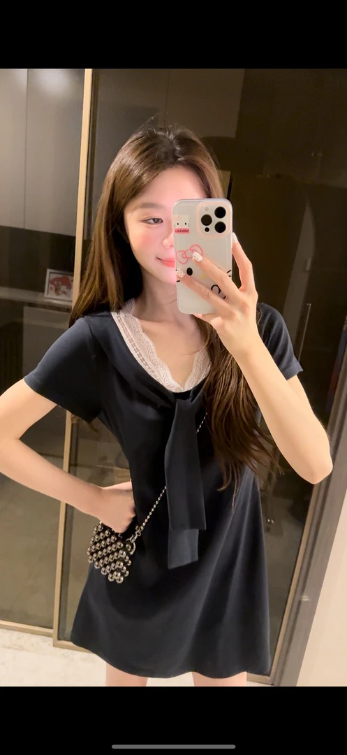 周【蓝白记忆】夏款韩系短袖波点百褶裙减龄显瘦千金风宽松显瘦裙