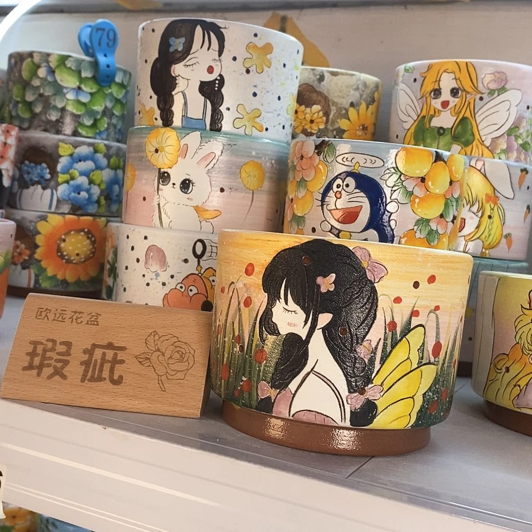 紫砂花盆红陶手绘花盆