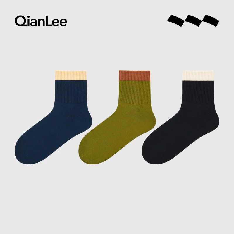 QIANLEE/浅力男士袜子中筒袜个性撞色文艺范透气干爽棉袜女款情侣