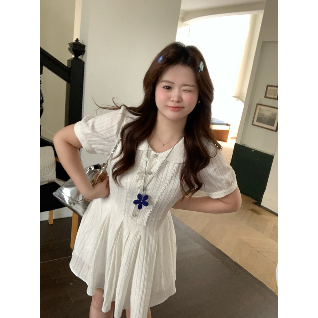 【白桃气泡】大头婷微胖夏季连衣裙翻领花边开扣收腰短袖短裙