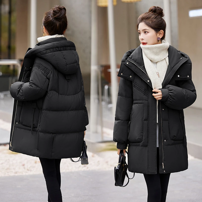 羽绒服女装2025冬季新款时尚大码女款显瘦连帽白鸭绒中长款外套