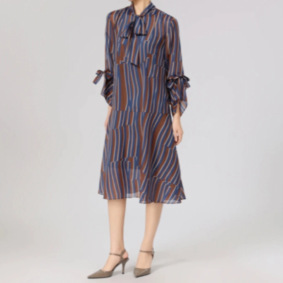 【AMASS/阿玛施】5500554 年新款宽松中袖飘带中长款洋装连衣裙