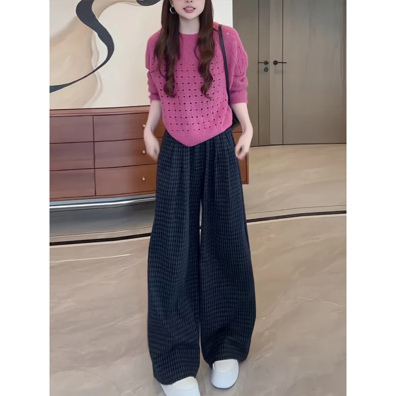 时尚设计感网红炸街爆款百搭洋气圆领上衣阔腿裤休闲运动套装女