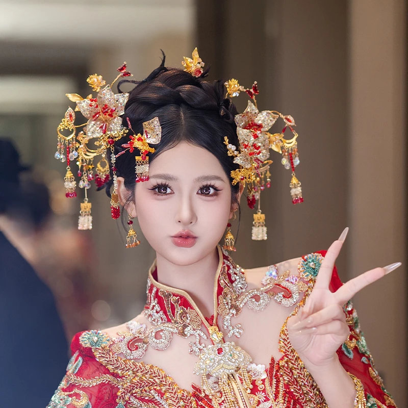 合金婚庆饰品 新款中式新娘金红色纯手工汉服龙凤褂婚礼头饰D0670