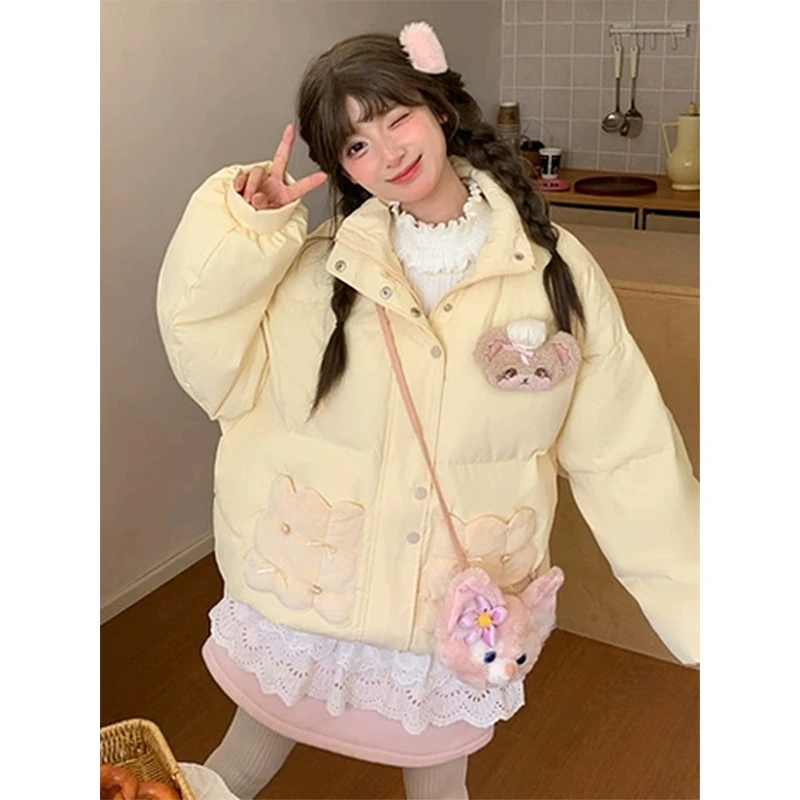 学院风可爱小熊可拆卸连帽棉服外套女冬季新款宽松温柔甜美棉衣潮