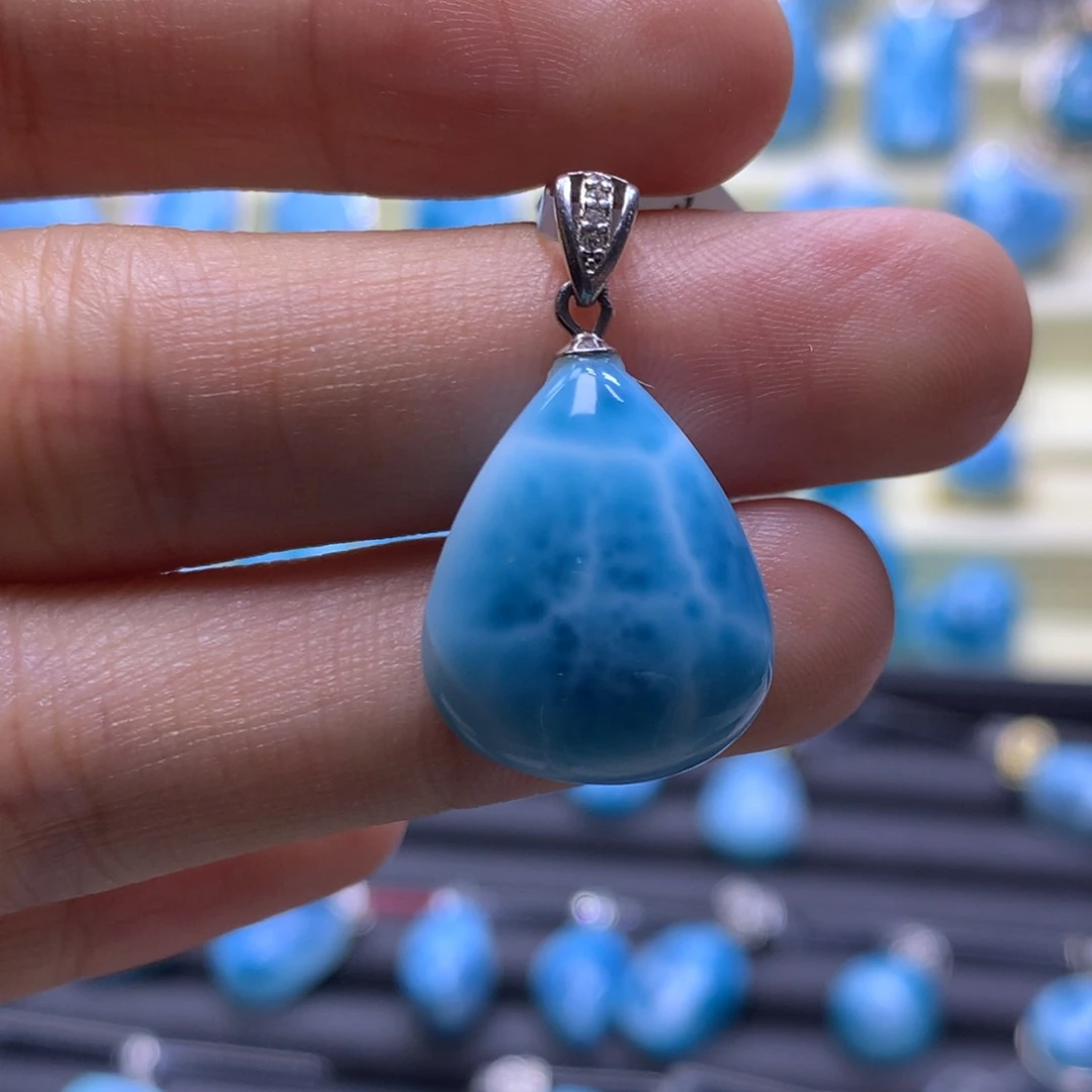 针钠钙石（海纹石）银S925镶嵌吊坠(不含链)水滴吊坠色差略异