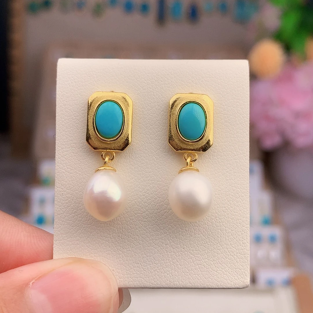 银S925镶嵌绿松石耳饰