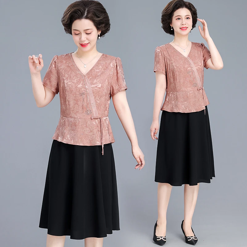 小个子妈妈连衣裙夏季新中式短袖雪纺裙中老年女装夏装假两件裙子