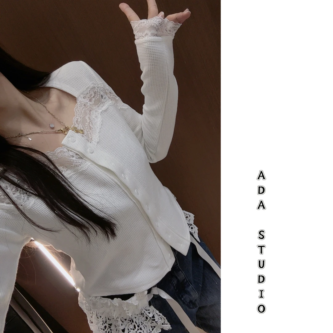 Ada定制【法式恋人】蕾丝拼接长袖针织开衫修身显瘦休闲百搭上衣