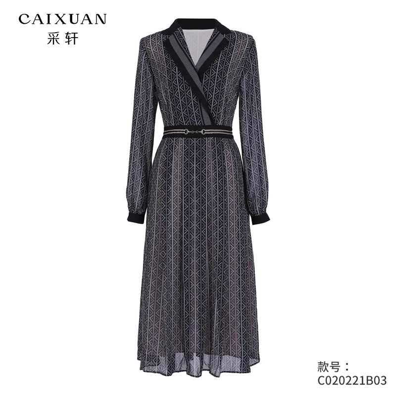 采轩连衣裙复古港风轻奢拼接收腰女装显瘦秋冬设计师复古长款