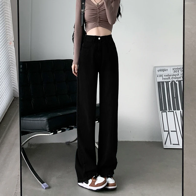 黑色窄版直筒牛仔裤女2025年早春新款高腰小个子宽松垂感阔腿裤子