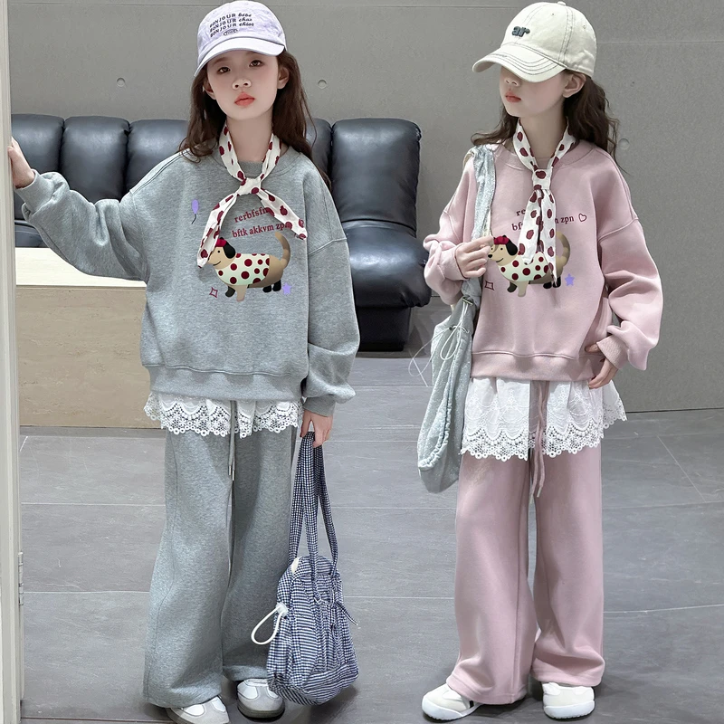 春款2025中大童新款女童时尚洋气斑点狗带围巾针织套装