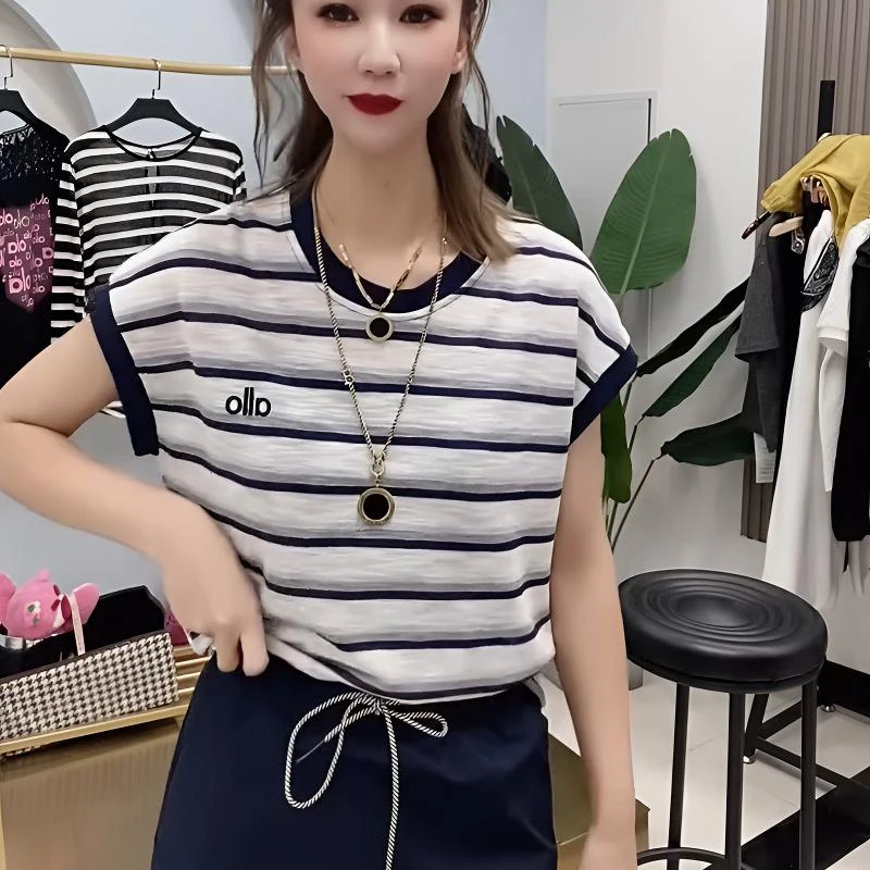 夏季凉感冰丝条纹刺绣圆领速干显瘦T恤百搭宽松洋气撞色减龄上衣